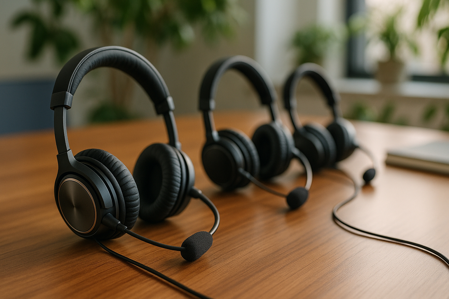 Casques professionnels disposés sur une table en bois dans un bureau lumineux