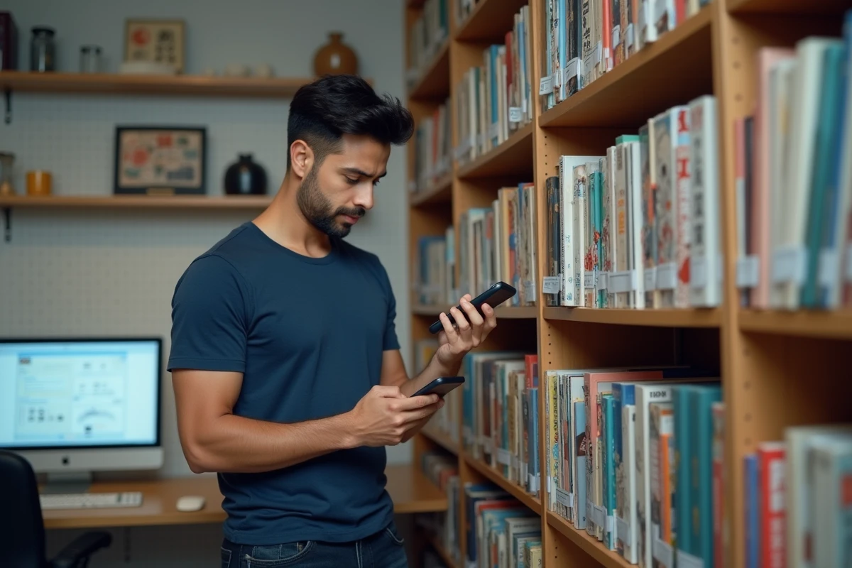 Homme cataloguant sa collection de mangas avec un smartphone dans un bureau à domicile équipé d'étagères dédiées aux mangas