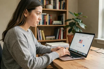 Jeune femme modifiant les paramètres de région sur Google depuis un ordinateur portable à son bureau à domicile