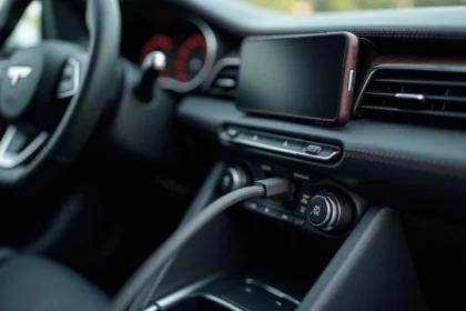 Chargeur allume-cigare double port USB-C et USB-A branché dans une voiture moderne avec un smartphone connecté