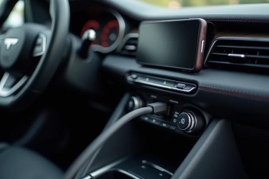 Chargeur allume-cigare double port USB-C et USB-A branché dans une voiture moderne avec un smartphone connecté