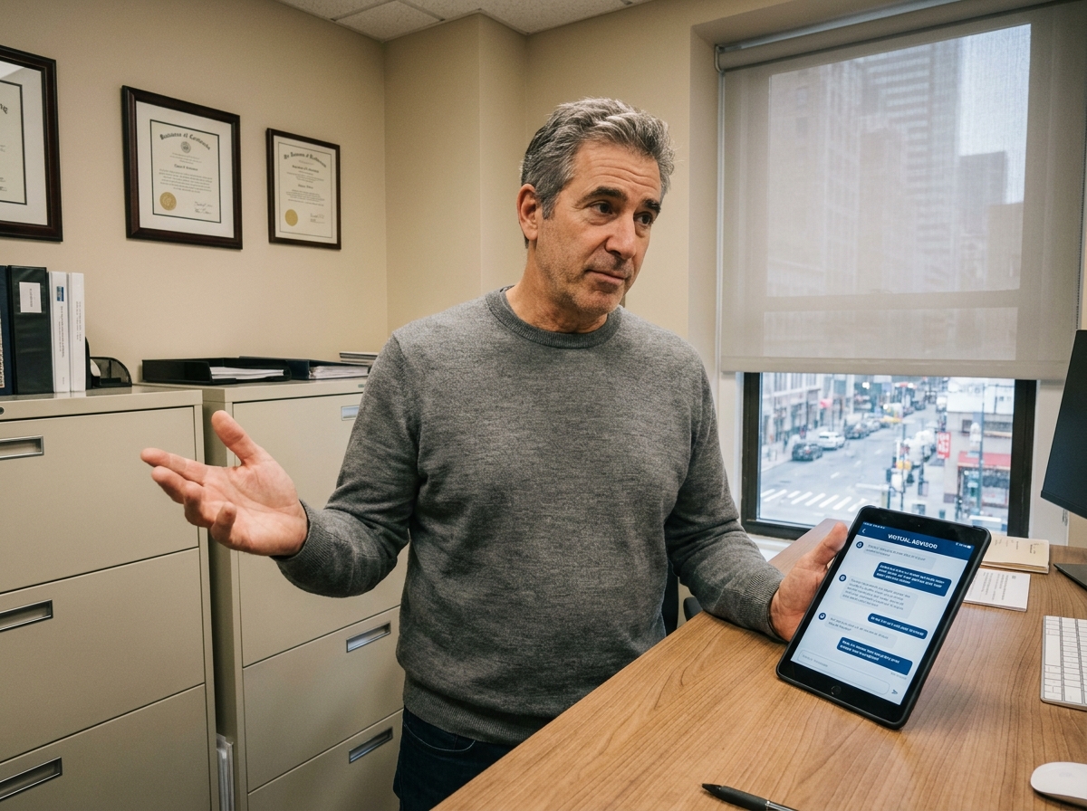 Chef d'entreprise TPE consultant un assistant IA sur tablette dans son bureau professionnel