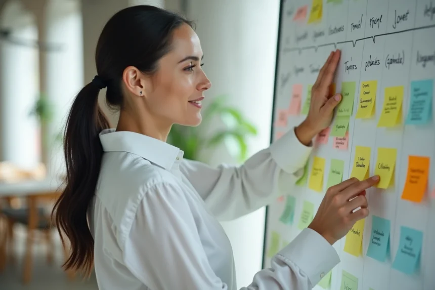 Cheffe de produit organisant des fonctionnalités sur un tableau blanc avec des post-its colorés selon la méthode Feature by Feature et RICE