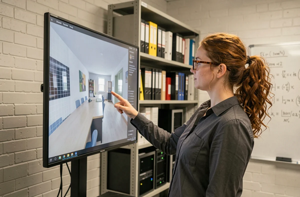 Chercheuse en intelligence artificielle présentant une reconstruction 3D générée par Neural Radiance Fields dans un laboratoire universitaire