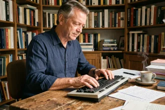 Homme français d'âge mûr tapant sur un clavier AZERTY mécanique vintage dans un bureau parisien encombré