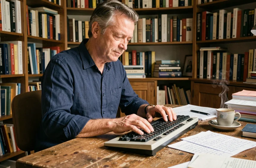 Homme français d'âge mûr tapant sur un clavier AZERTY mécanique vintage dans un bureau parisien encombré