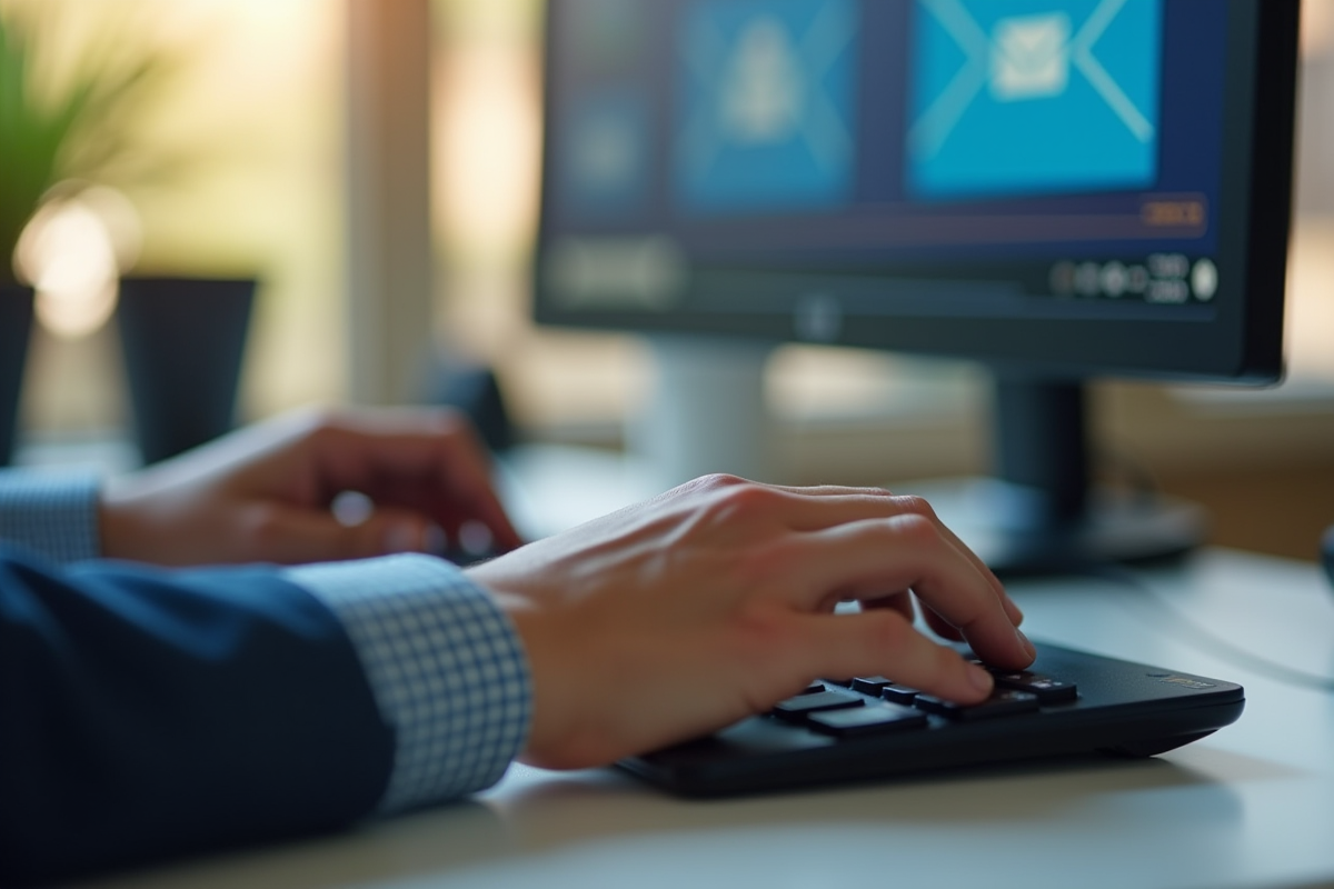 Mains tapant sur un clavier sans fil avec écran de webmail