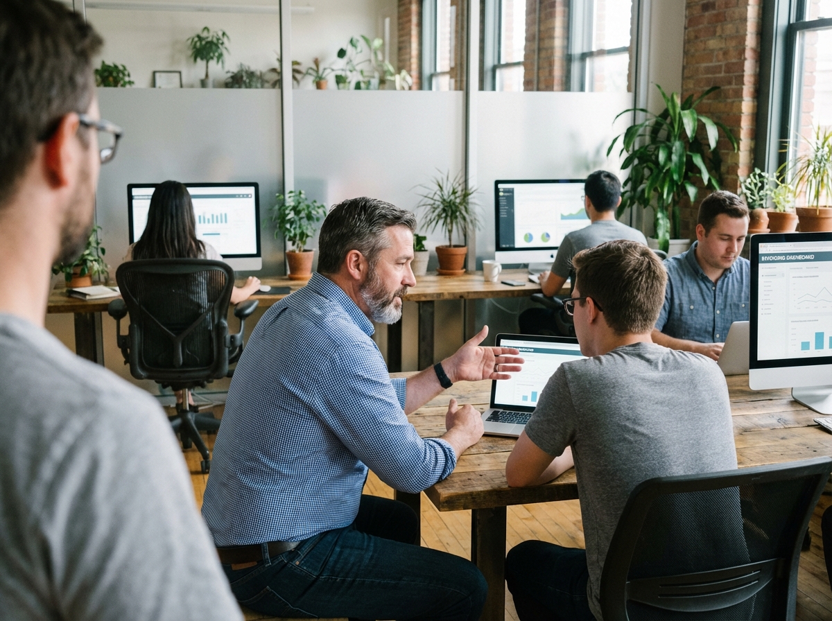 Homme expliquant des réglages logiciels à un collègue