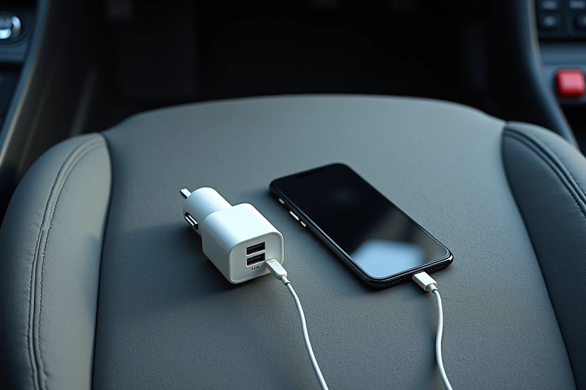 Comparaison de deux chargeurs allume-cigare USB-A et USB-C posés sur un siège de voiture avec leurs câbles
