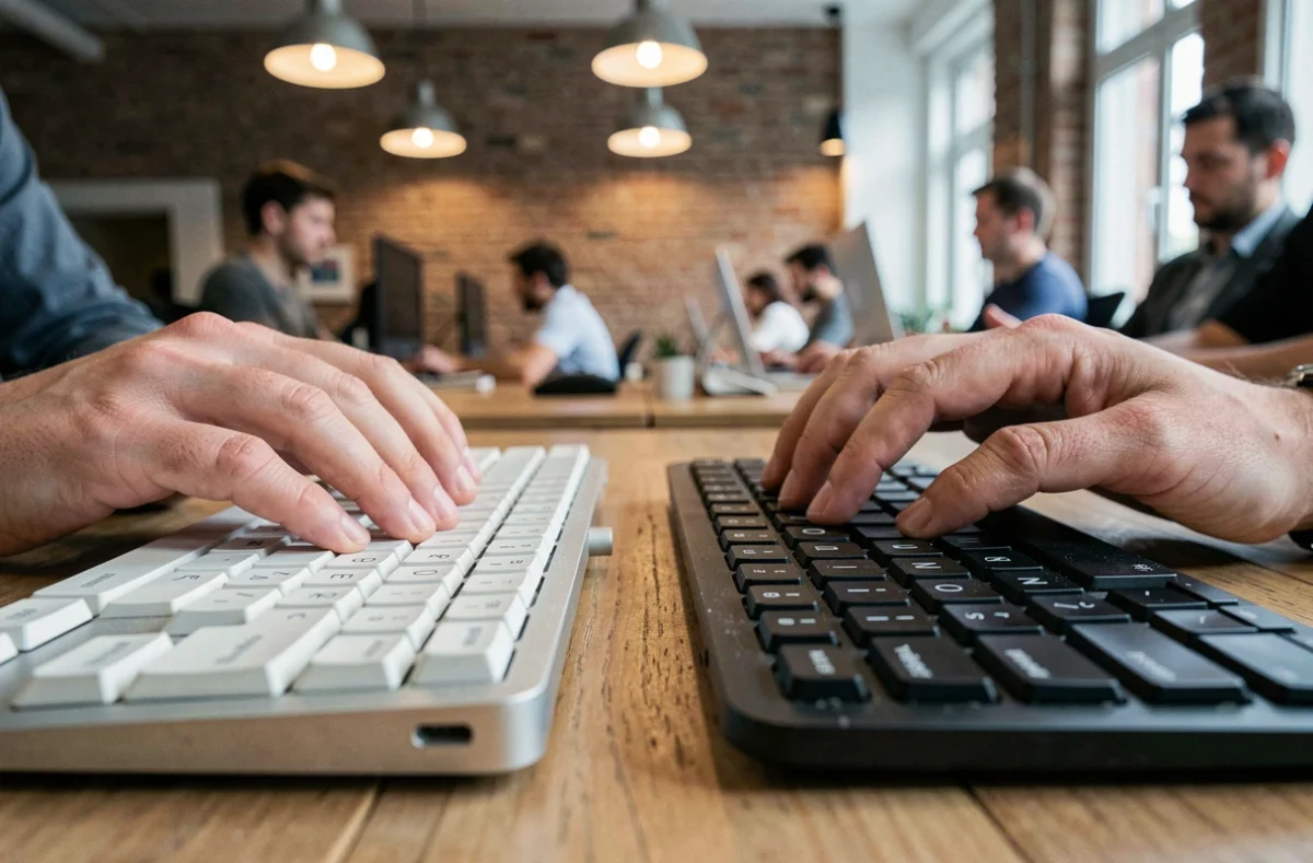 Comparaison côte à côte d'un clavier AZERTY français et d'un clavier QWERTY dans un espace de coworking moderne