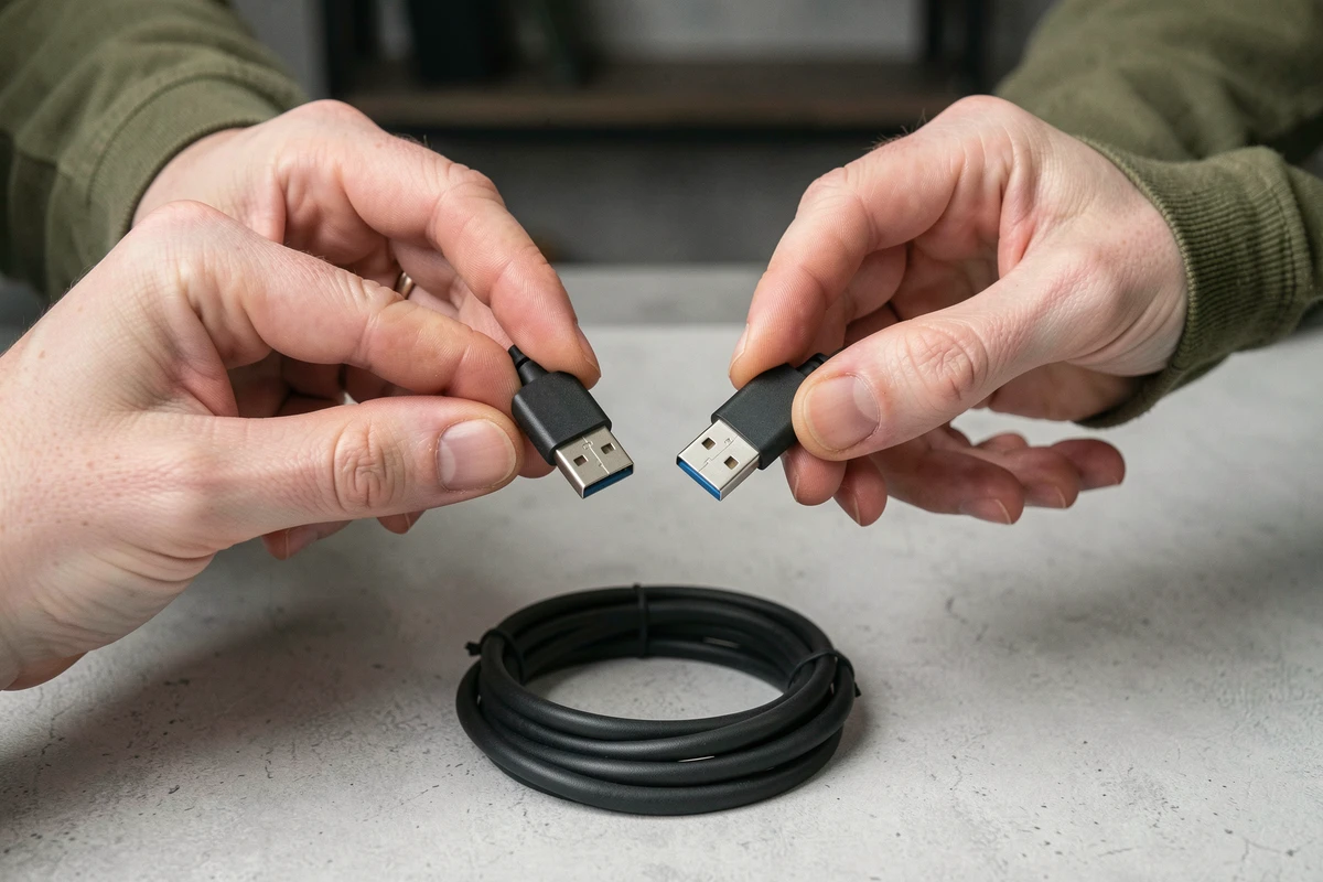 Comparaison des connecteurs USB B et USB C tenus à la main avec un câble posé sur fond neutre
