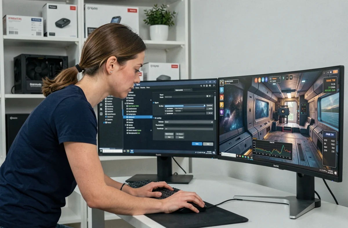 Femme configurant les paramètres de latence et VSync sur un écran ultrawide 21/9 étendu pour Eve Online