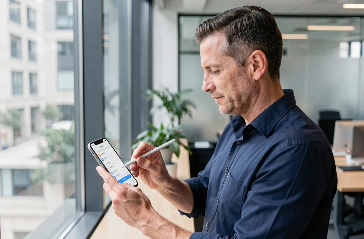 Homme en bureau configurant un compte webmail sur iPhone avec paramètres de messagerie visibles
