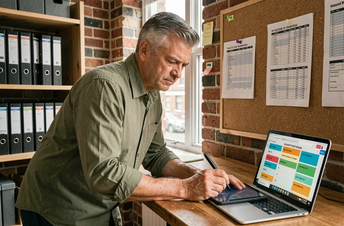 Professionnel paramétrant un planning de gardes et astreintes sur tablette et ordinateur portable dans un bureau à domicile