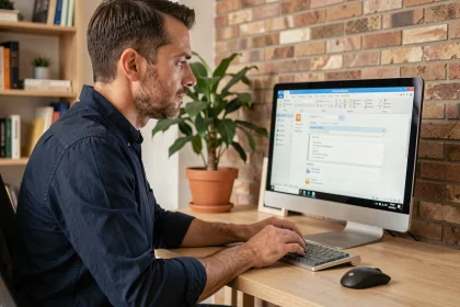 Homme configurant un compte email EDF dans Outlook sur un ordinateur de bureau à domicile