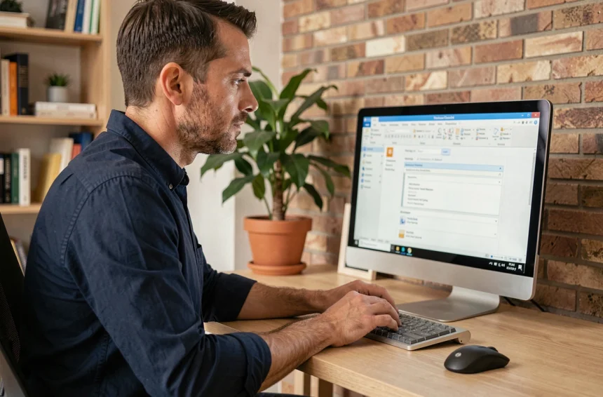 Homme configurant un compte email EDF dans Outlook sur un ordinateur de bureau à domicile