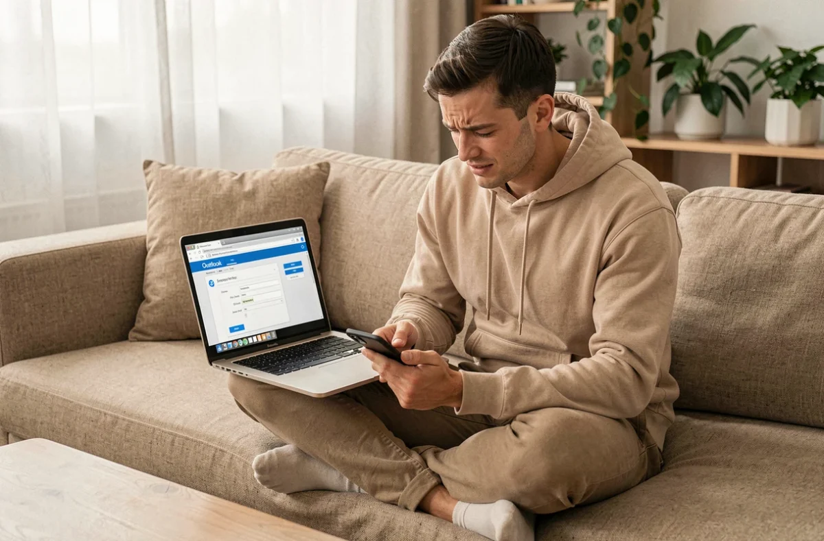 Jeune homme configurant le webmail EDF dans Outlook sur un canapé avec smartphone comme aide