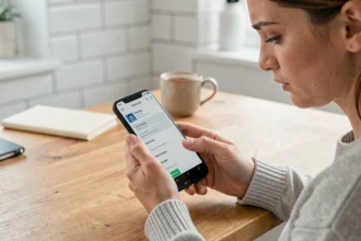 Femme configurant sa messagerie webmail sur smartphone Android dans une cuisine moderne