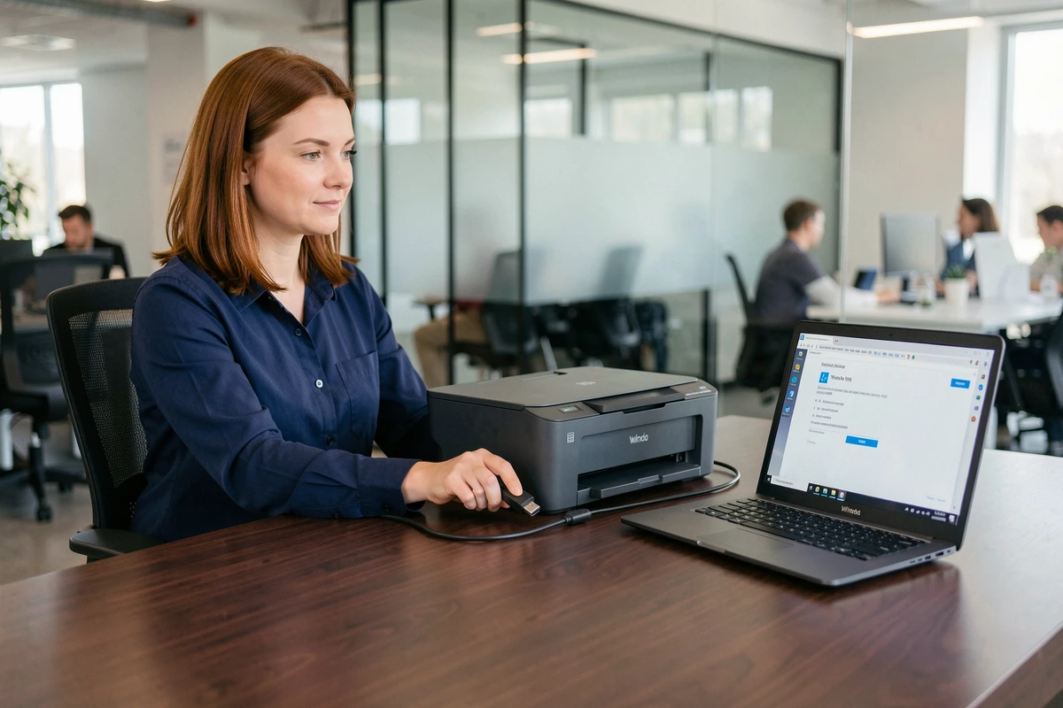 Femme connectant un câble USB B vers USB C entre une imprimante et un ordinateur portable Windows en open space