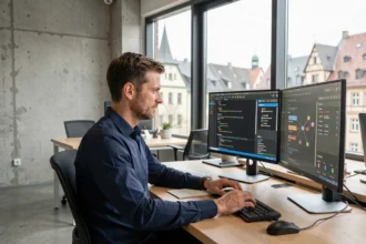 Consultant informatique travaillant sur des écrans dans un bureau moderne du Grand Est