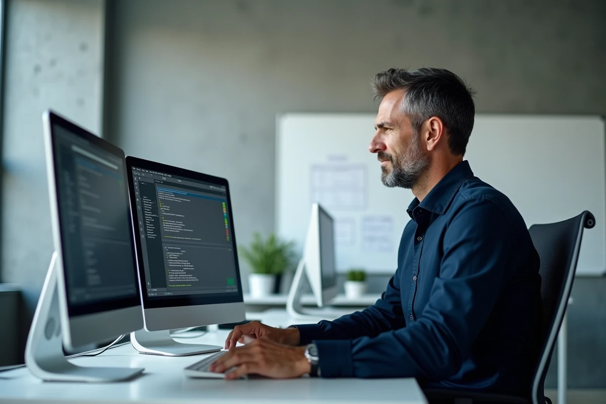 Homme dans un bureau professionnel convertissant des documents ODT en DOCX hors ligne sur un poste de travail double écran