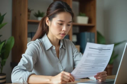 Femme consultant un document administratif tout en utilisant un convertisseur JPG vers PDF sur ordinateur portable