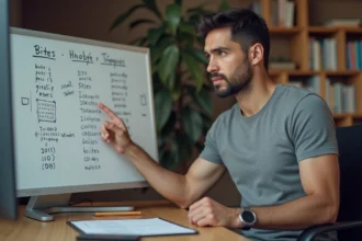Homme expliquant la conversion d'octets sur un tableau blanc avec des formules binaires manuscrites dans un bureau moderne