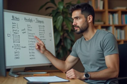 Homme expliquant la conversion d'octets sur un tableau blanc avec des formules binaires manuscrites dans un bureau moderne