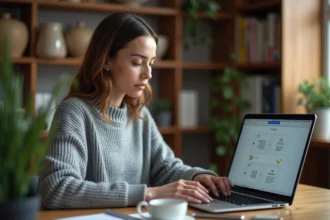 Femme travaillant sur un ordinateur portable pour convertir des fichiers ODT en DOCX sans connexion internet dans un bureau à domicile