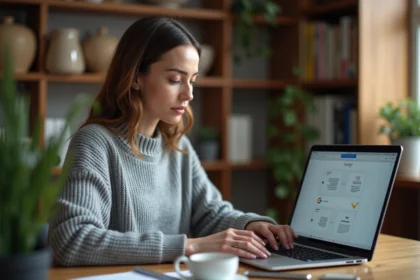 Femme travaillant sur un ordinateur portable pour convertir des fichiers ODT en DOCX sans connexion internet dans un bureau à domicile