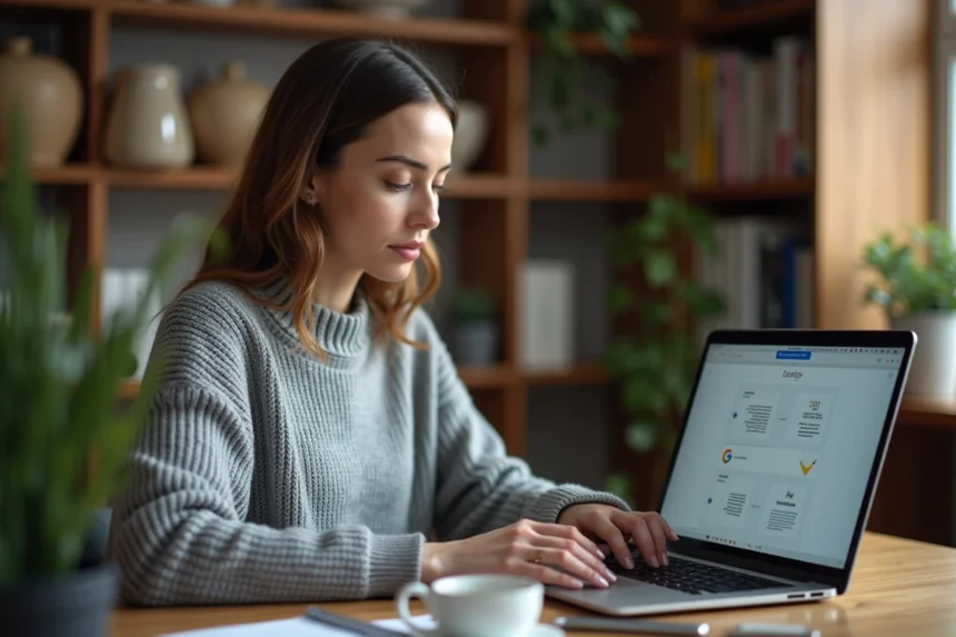 Femme travaillant sur un ordinateur portable pour convertir des fichiers ODT en DOCX sans connexion internet dans un bureau à domicile