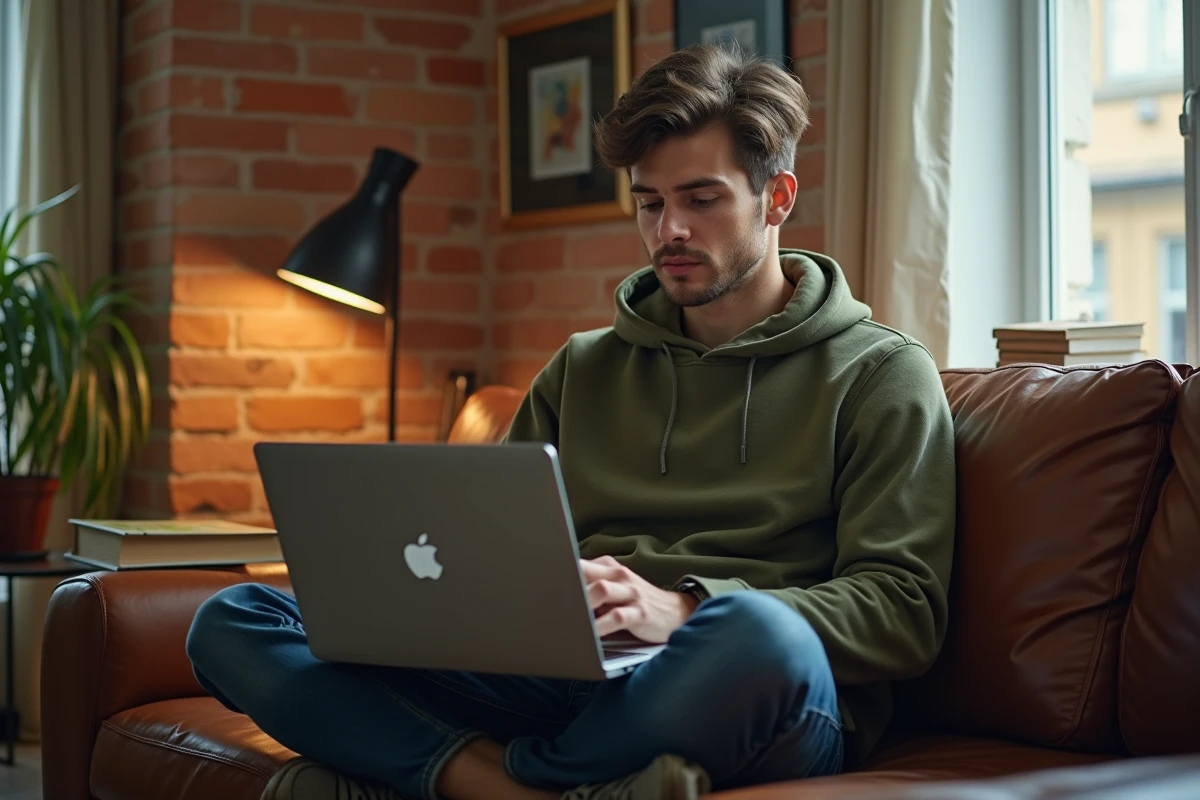 Jeune homme convertissant des fichiers ODT en DOCX hors ligne sur un canapé dans un appartement urbain