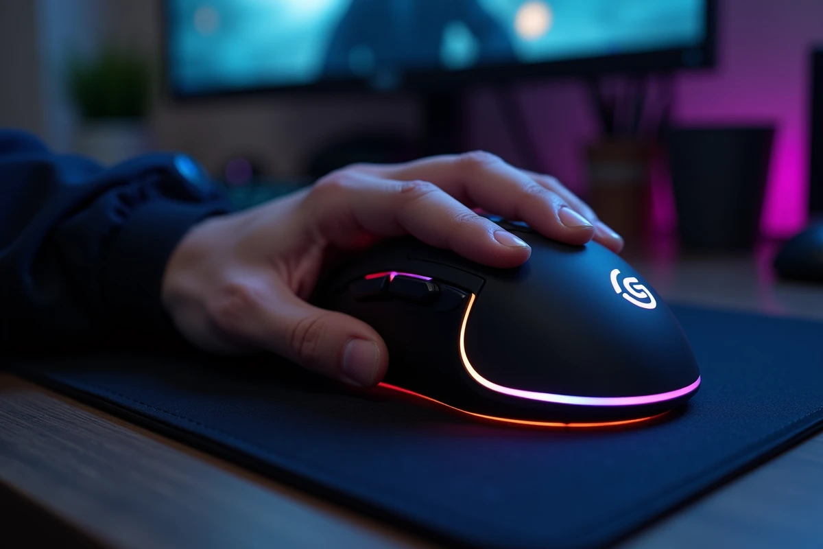 Main adulte en prise complète sur la grande souris gaming sans fil Corsair Sabre RGB Pro Wireless conçue pour les jeux FPS