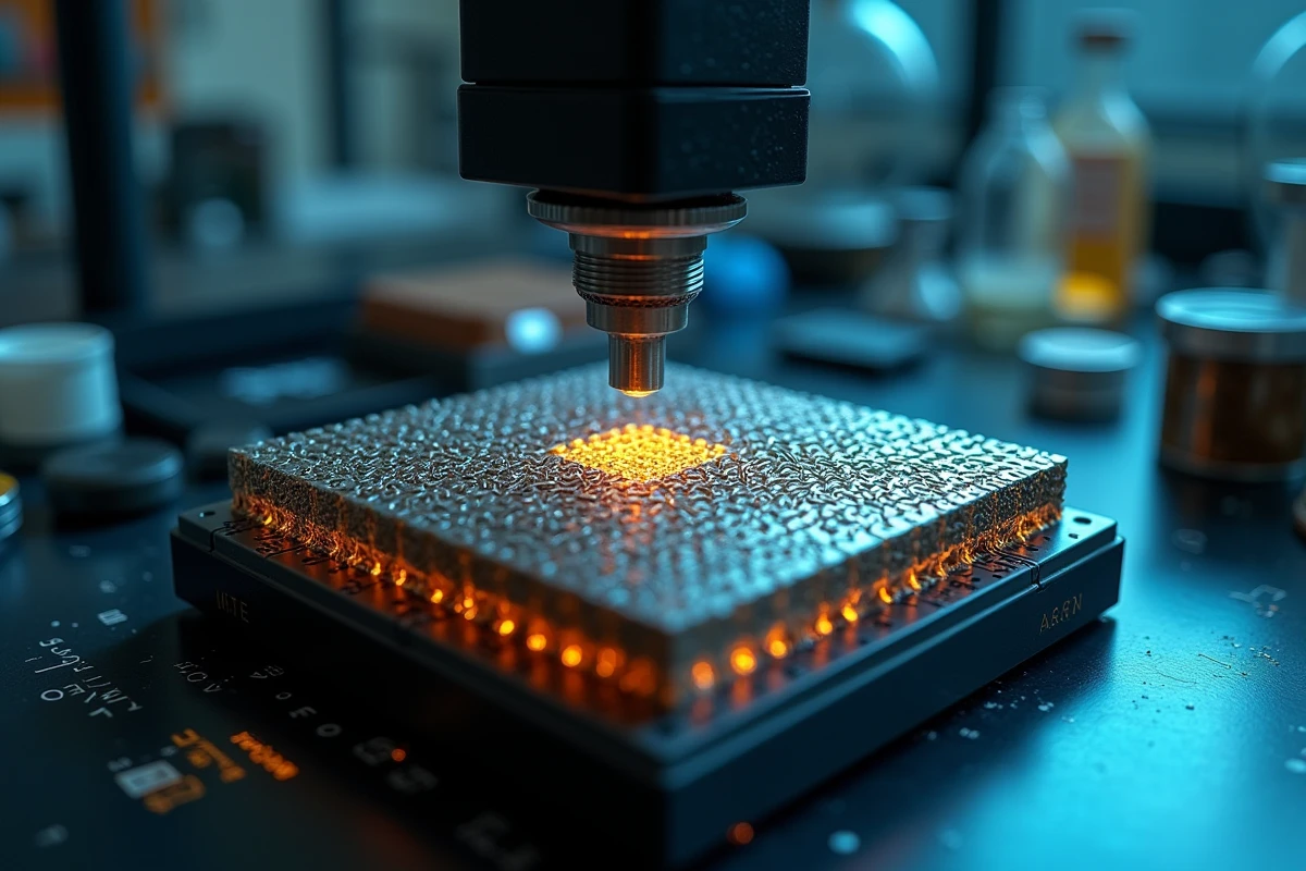 Coupe transversale d'une puce semiconducteur révélant les couches de métallisation sous les bumps UBM pour l'empilement 3D haute densité
