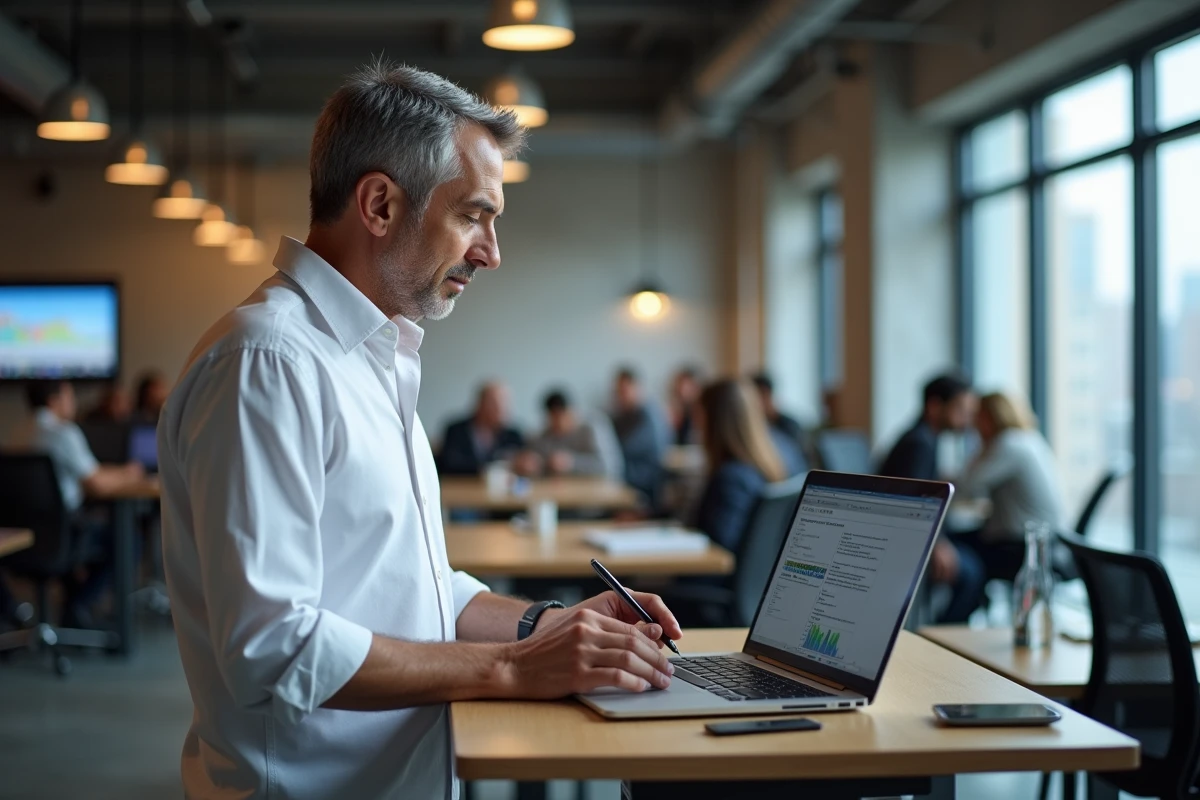 Développeur frontend debout dans un espace de coworking moderne comparant des techniques de positionnement CSS sur laptop et tablette