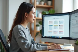 Développeuse web travaillant sur des mises en page CSS modernes avec Grid et Flexbox sur un grand moniteur dans un bureau à domicile