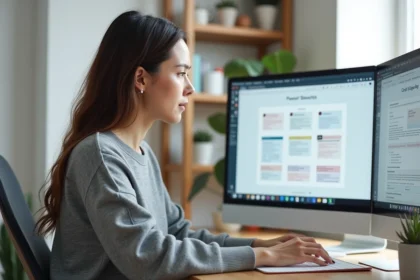 Développeuse web travaillant sur des mises en page CSS modernes avec Grid et Flexbox sur un grand moniteur dans un bureau à domicile