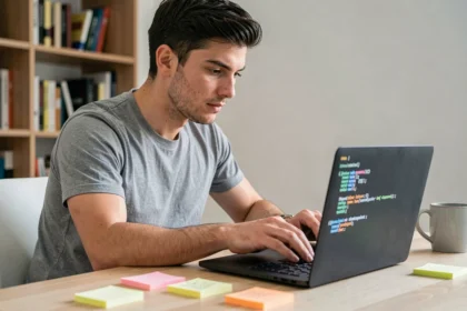 Développeur installant Python via pip dans un terminal sur un ordinateur portable dans un bureau à domicile