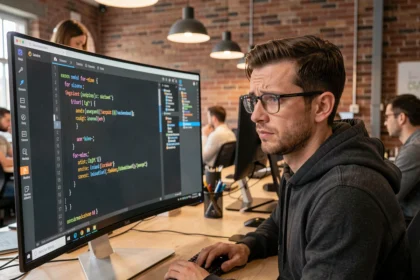 Développeur Python perplexe devant un écran affichant une boucle for-else dans un bureau moderne