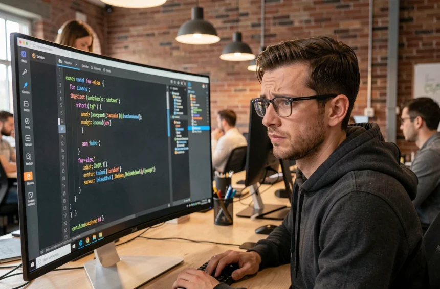 Développeur Python perplexe devant un écran affichant une boucle for-else dans un bureau moderne