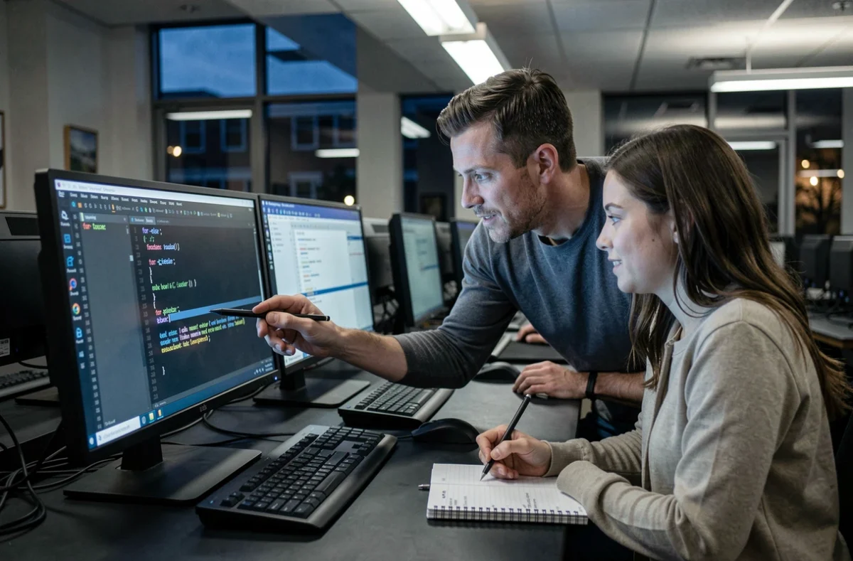 Deux développeurs analysant pourquoi le bloc else d'une boucle for Python ne s'exécute pas dans un labo informatique universitaire