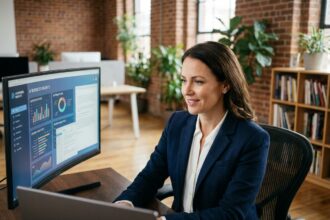 Dirigeante de PME analysant les recommandations d'un consultant IA sur un écran d'ordinateur dans un bureau moderne