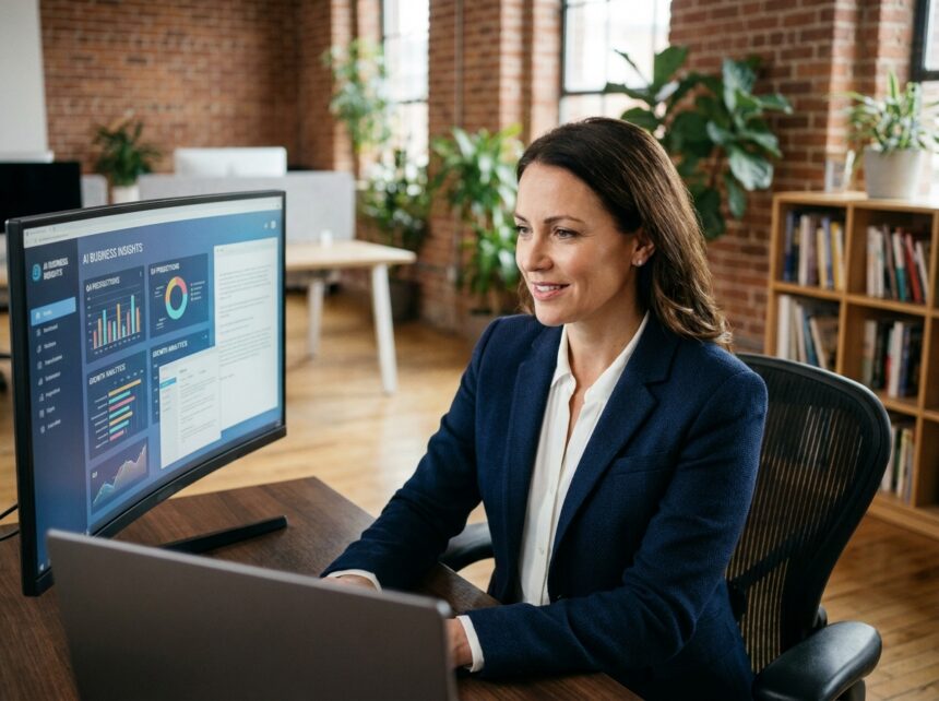Dirigeante de PME analysant les recommandations d'un consultant IA sur un écran d'ordinateur dans un bureau moderne
