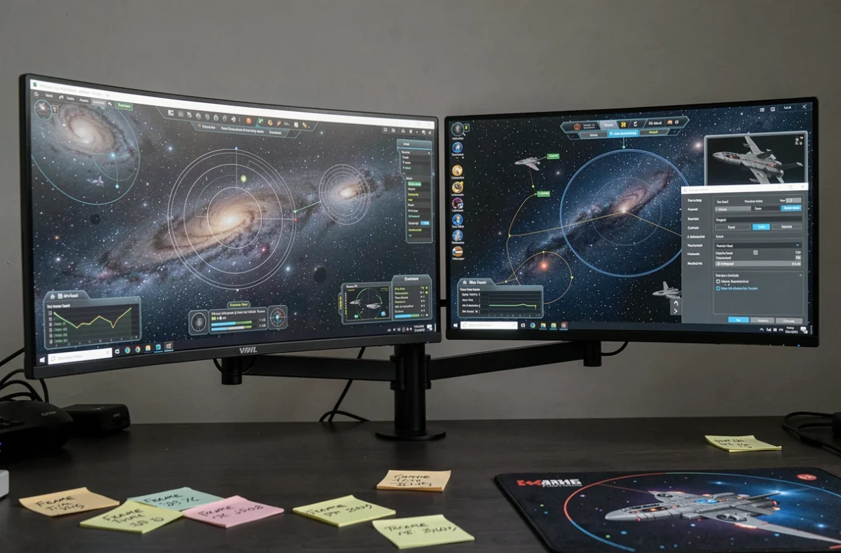 Station de jeu double écran avec ultrawide 21/9 et moniteur 1080p affichant des réglages anti-tearing pour Eve Online