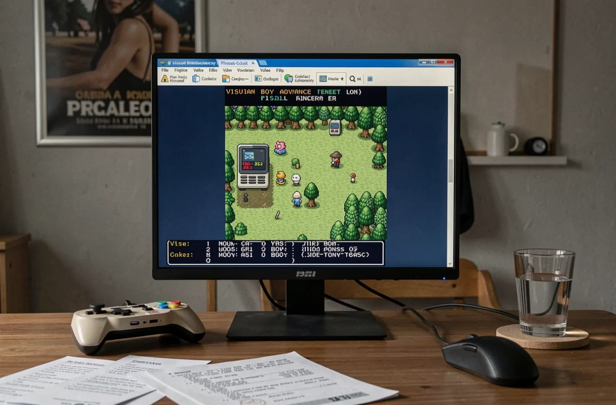Écran d'ordinateur affichant la ROM Pokémon Émeraude sur Visual Boy Advance avec une manette rétro posée sur le bureau