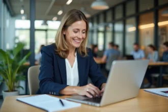 Employée RH consultant des documents numériques sur ordinateur portable dans un bureau moderne