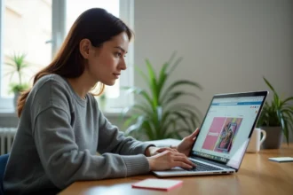 Jeune femme enregistrant une story Instagram sur MacBook Pro depuis un bureau à domicile
