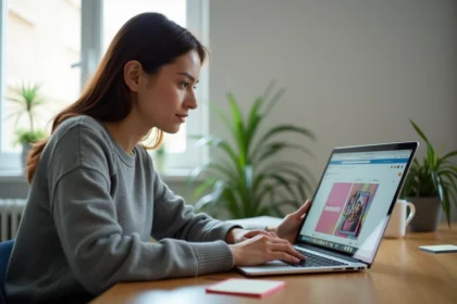 Jeune femme enregistrant une story Instagram sur MacBook Pro depuis un bureau à domicile
