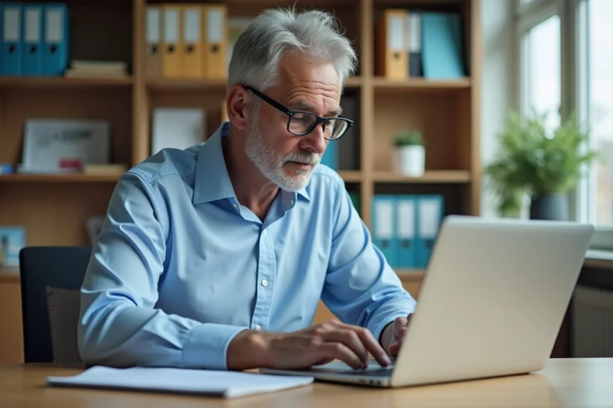 Professeur homme en chemise bleue travaillant sur ordinateur