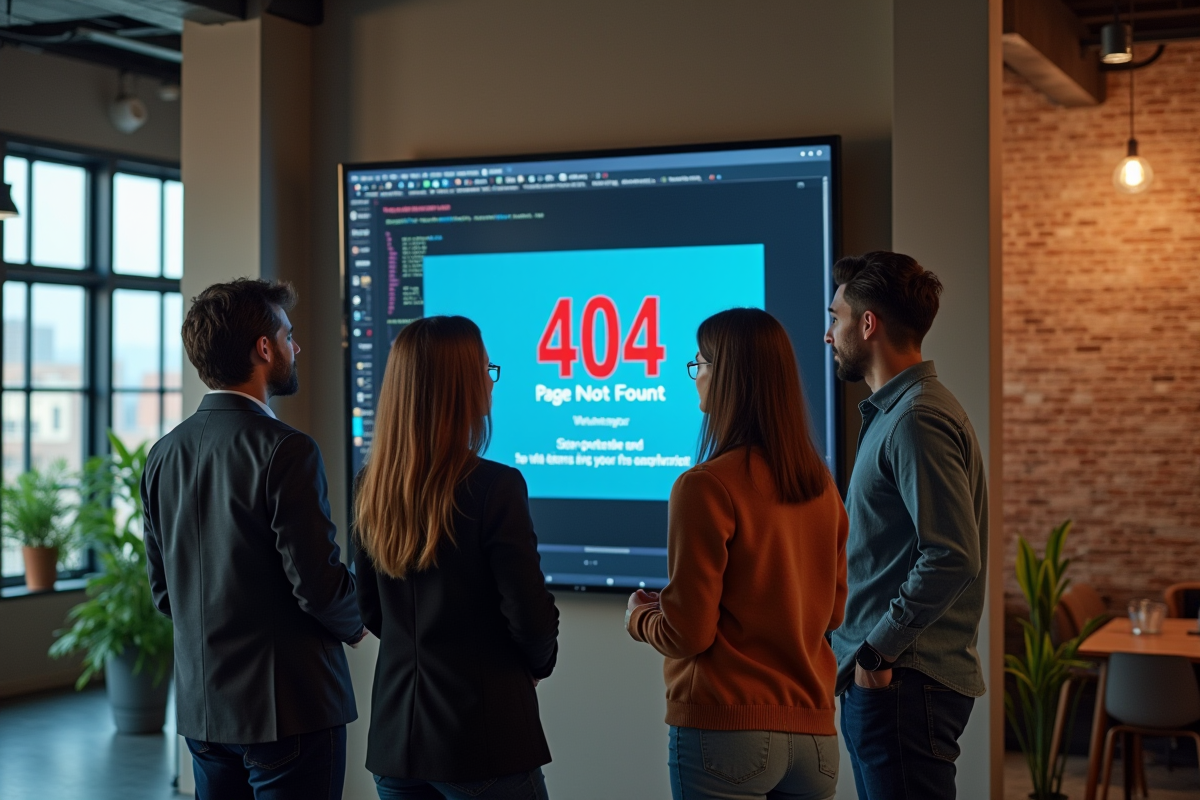 Groupe de collègues regardant une erreur 404 sur un écran